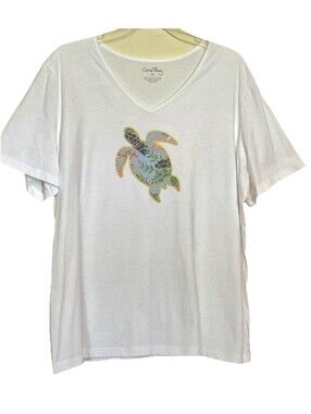 Women’s T-Shirt XL Coral Bay Sea Turtle Embroidered Graphic V-Neck White Resort